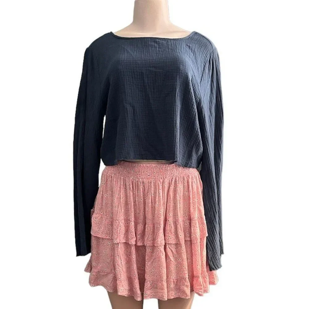 Hudson Gray Steel Blue 100% Cotton Raw Edge Long Bell Sleeve Top Size Large
